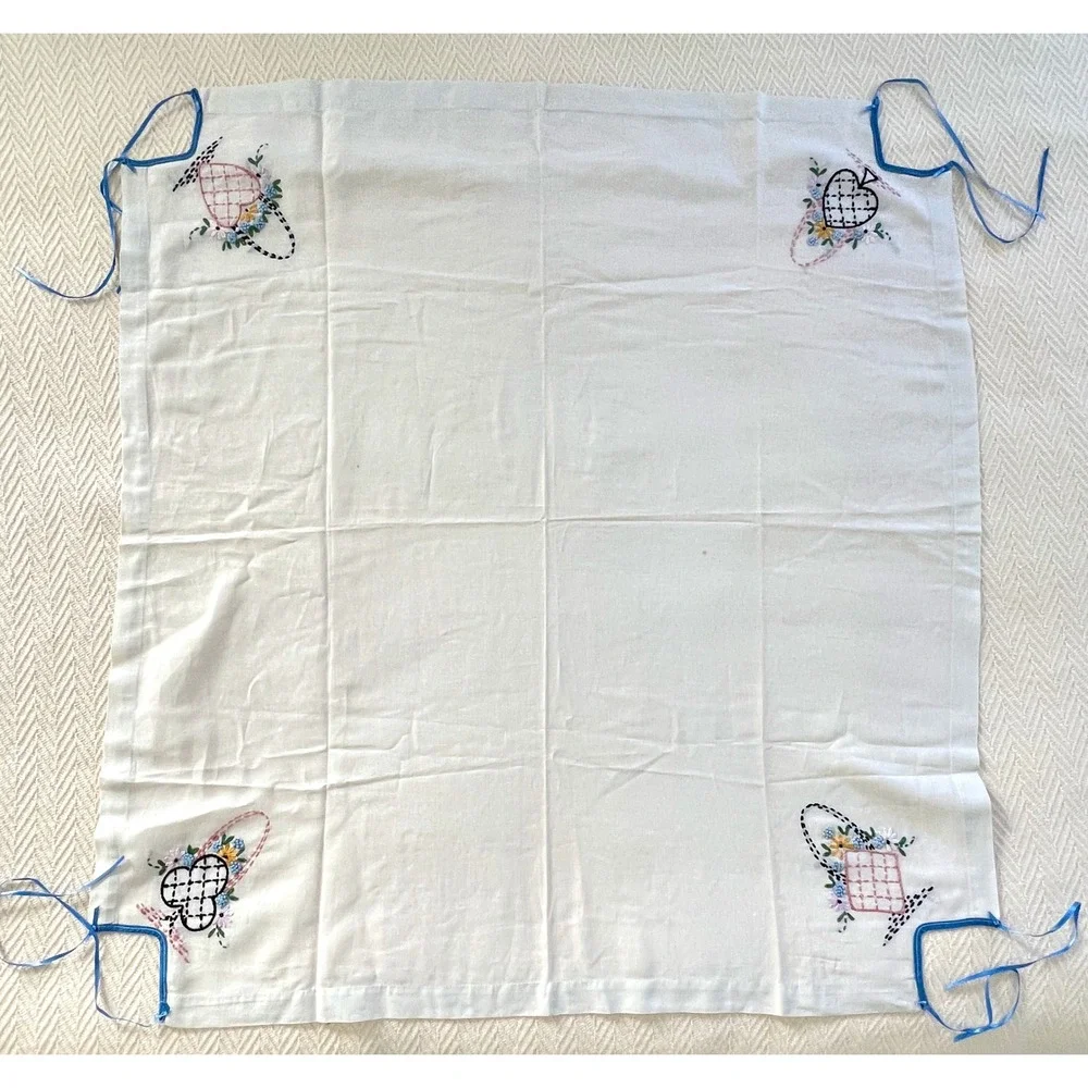 Vintage Hand Embroidered Card Table Cover Playing Card Suits with Ties 30.5